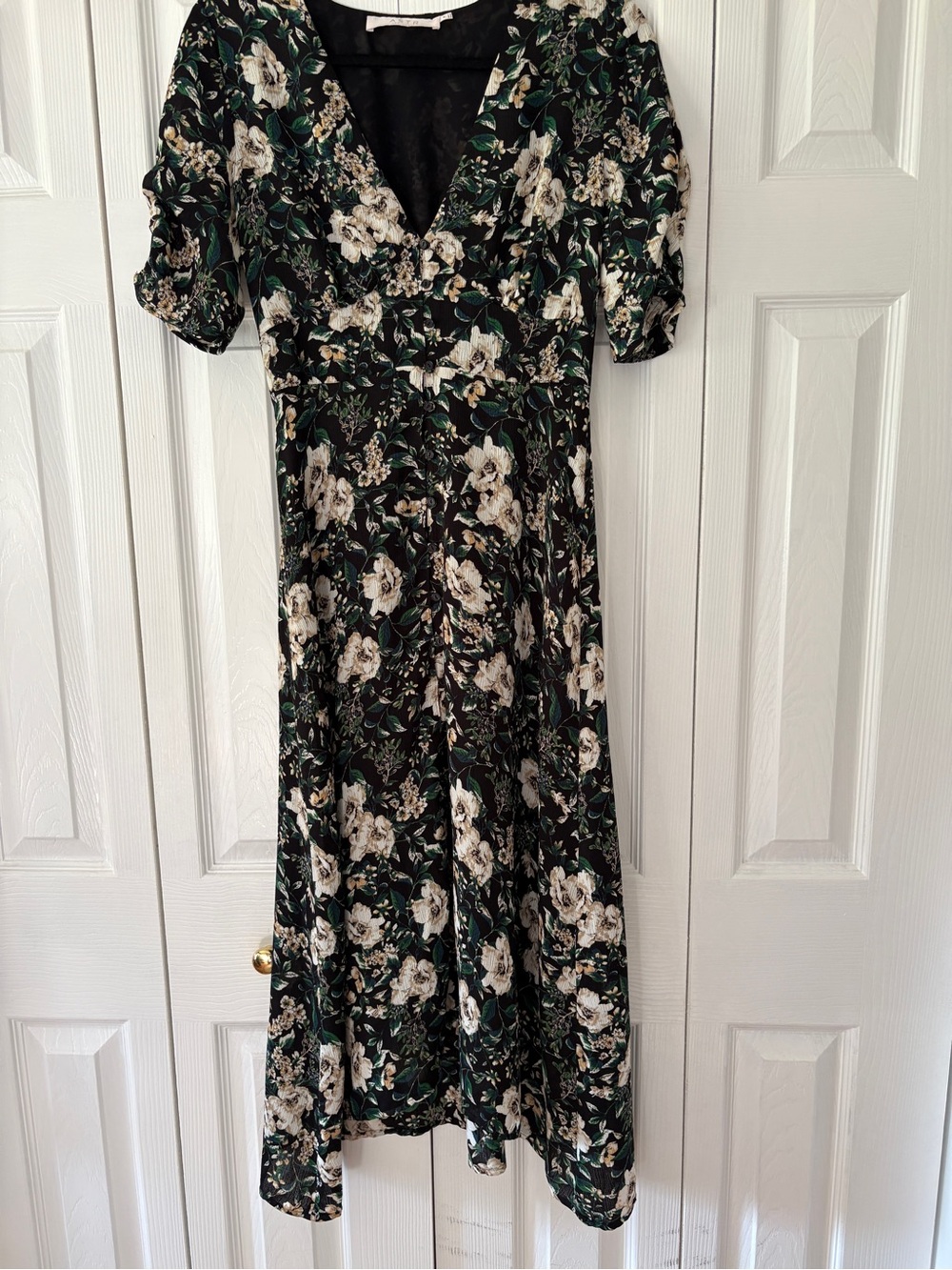 Astr Black Floral V-Neck Midi Dress with Cream Flowers and Green Leaves